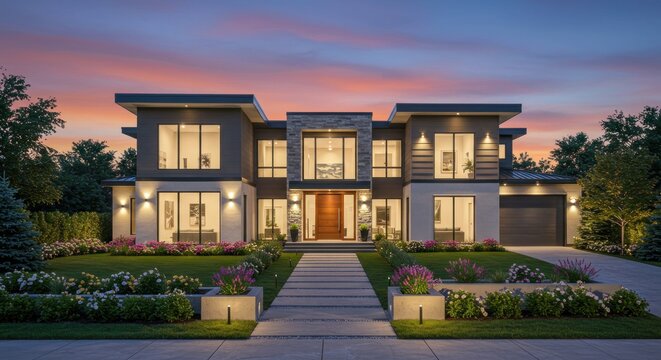 Modern home at dusk with flat roof, glowing windows and manicured garden