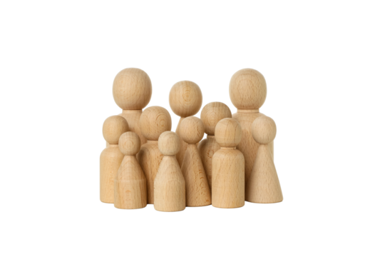 Wood figures represent unity in education, isolated on white, PNG