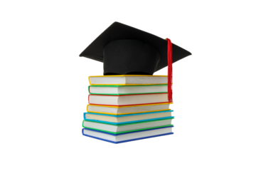 Cap on colorful books, eager to learn, isolated on white, PNG