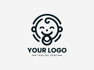 Joyful happy baby with pacifier and sparkling eyes in cheerful vector logo