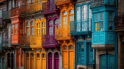 Vibrant, colorful buildings with ornate balconies