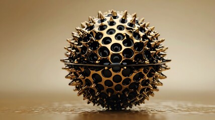 A golden spiky sphere with black holes rests on a reflective surface casting a partial reflection