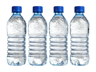 Set of four plastic water bottles with blue caps arranged in square cluster isolated on transparent background PNG