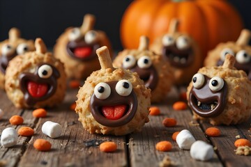 Obraz premium Heloween dessert: funny monsters made of biscuits with chocolate and marshmelow close-up on the table. 3d rendering.
