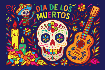 Obraz premium A festive colorful vector background designed for Dia de los Muertos, highlighting skulls, marigolds, ornate motifs, embracing Mexican traditions, cultural vibrancy, joy, remembrance.