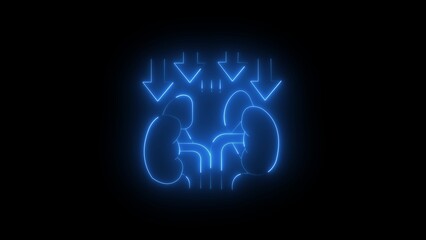 Blue neon outline of human kidneys with downward arrows