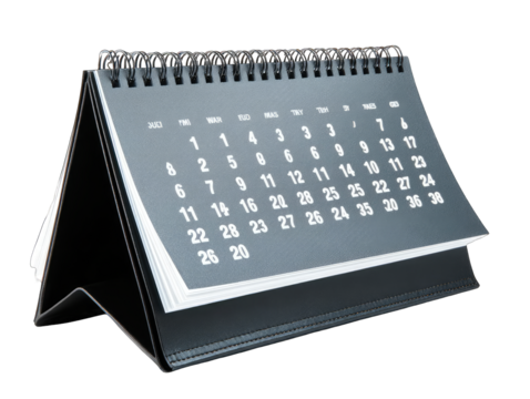 Dark gray desk calendar, angled view