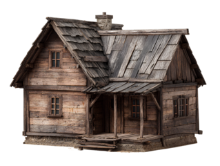 Rustic Wooden Old House Model Side View Isolated on White Background PNG