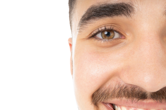 Smiling young man showcases healthy skin and radiance, isolated, PNG
