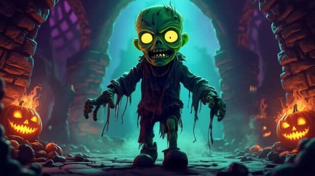 Cartoon zombie figure standing in a stone corridor with halloween pumpkins on either side of it halloween zombie video