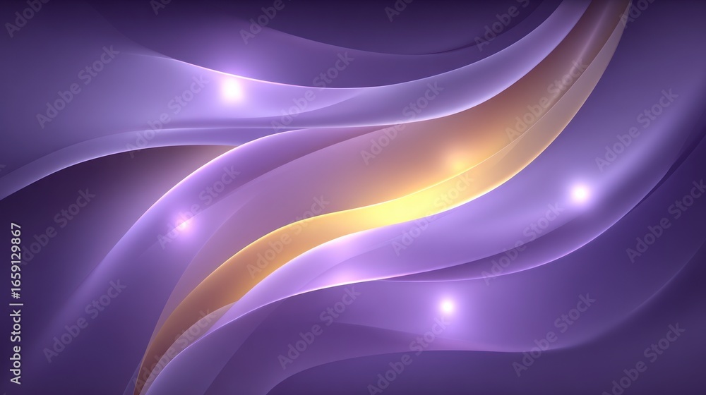 Poster smooth flowing abstract curves with glowing light effects and gradient colors predominantly purple a