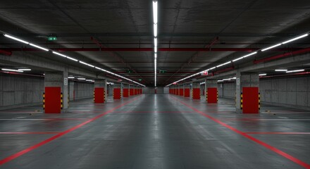 An empty, symmetrical, concrete parking structure interior, illuminated by fluorescent lights. Red accents on columns and lines direct the eye down the long rows