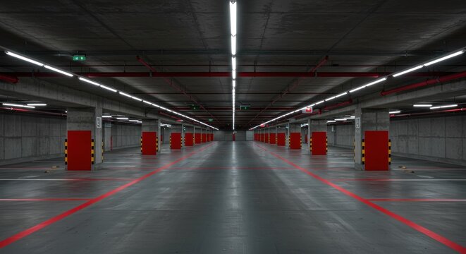 An empty, symmetrical, concrete parking structure interior, illuminated by fluorescent lights. Red accents on columns and lines direct the eye down the long rows