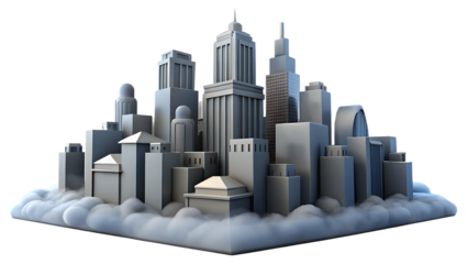 Stylized 3D cityscape with skyscrapers emerging from clouds on a black background skyline buildings