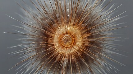 A close up of a dandelion seed head with a golden center and radiating silver filaments against gray