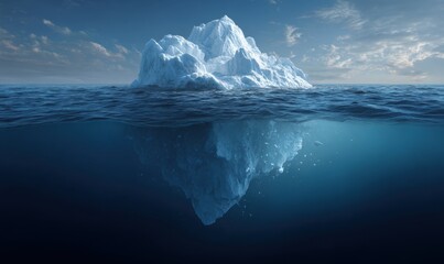 Majestic iceberg floating in calm ocean waters with a clear sky and distant horizon