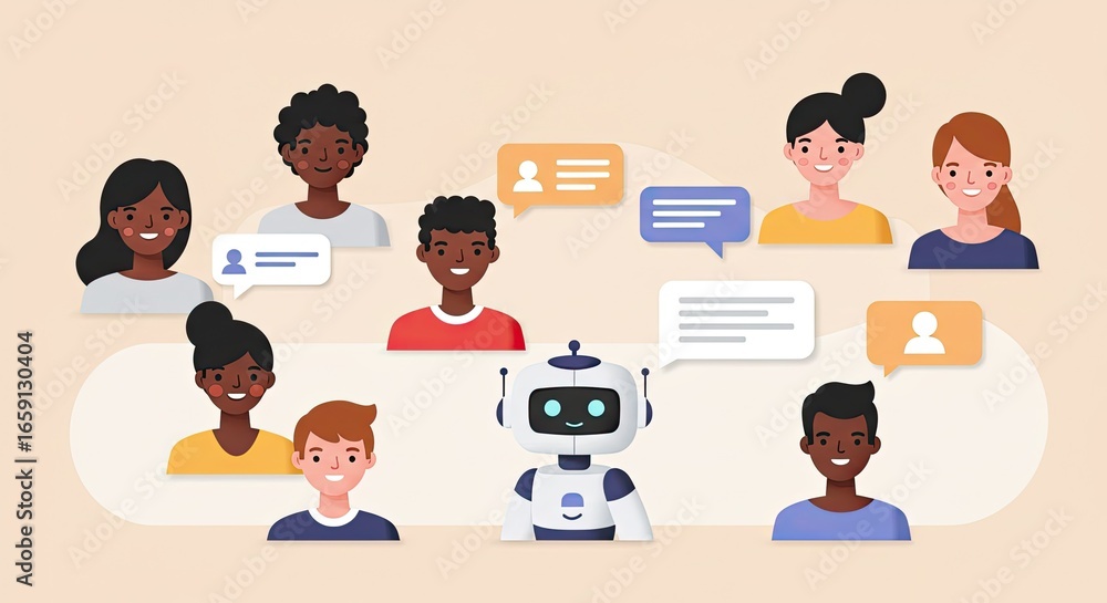 Poster diverse team collaborates with ai chatbot for enhanced communication and innovative solutions, foste