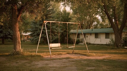 Empty swing set in a quiet, sunlit yard