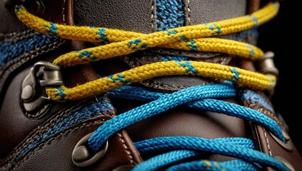 Close-up of brown leather boot with blue and yellow laces (1)