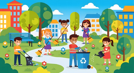 Illustration of children cleaning the city park in flat design vector style, full of bright colors, cheerful atmosphere