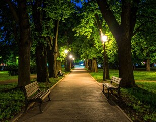 Fototapeta premium The dim lights of a city park at night.