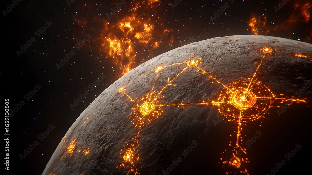 Poster the image showcases a cosmic view of a planet with glowing networks, set against a nebula-filled bac
