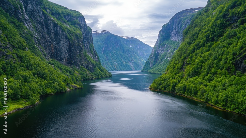 Aufkleber serene view of a tranquil fjord surrounded by towering cliffs and lush green forests under a cloudy 
