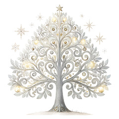 Watercolor Ornate silver tree illustration isolated on transparent background