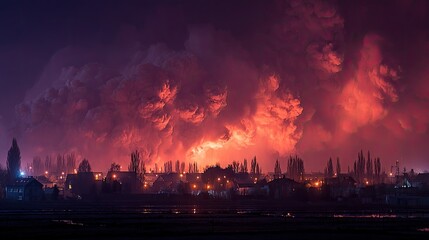 Night city shrouded in fiery clouds