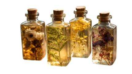 Botanical Specimens in Glass Bottles, isolated on transparent background