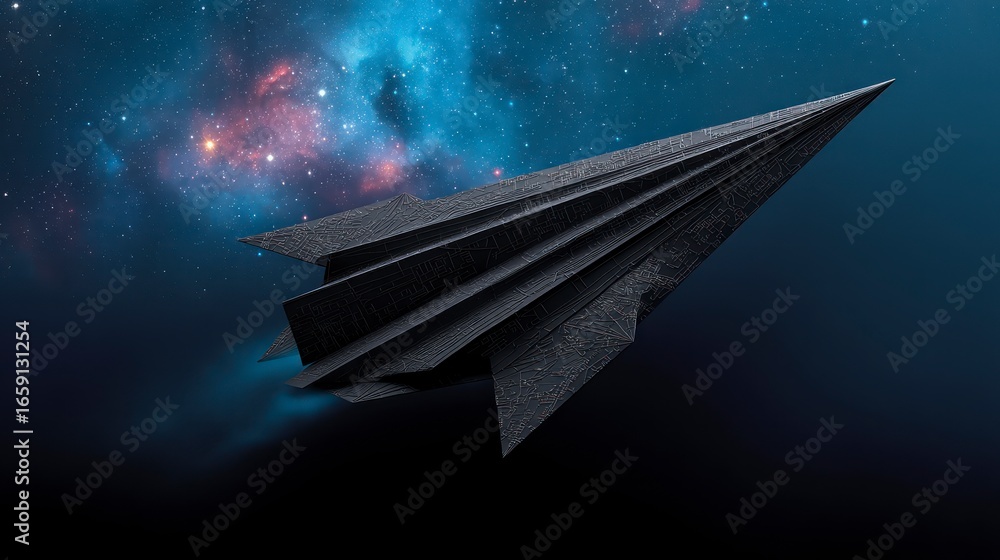 Aufkleber a dark angular paper airplane with intricate surface detailing flying through a starry nebula
