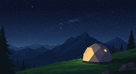 Illuminated tent on grassy hill under a star-filled night sky with silhouetted mountains