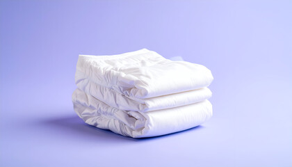 A neatly folded stack of white disposable baby diapers on a soft lavender background with ample clean space