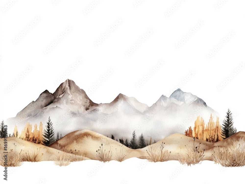 Aufkleber watercolor layers of mountain peaks receding into the distance creating a sense of depth and perspec