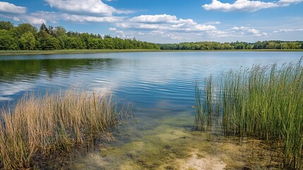 Obraz premium Serene lake scene with reeds and a placid shoreline