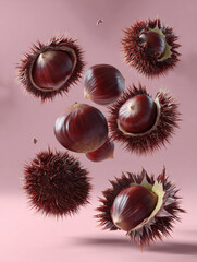 Floating Chestnuts with Spiky Shells on a Minimal Pink Background
