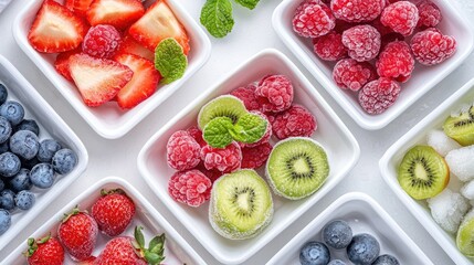 Fresh and Frosted Berries and Fruits in White Bowls on Light Background for Healthy Eating Concepts