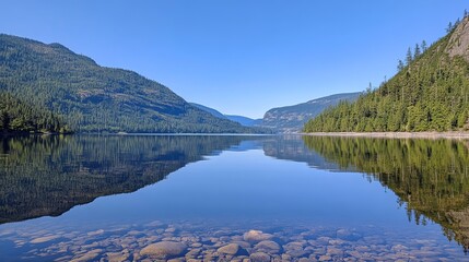 Fototapeta premium Serene lake nestled in a valley, clear water reflecting mountains