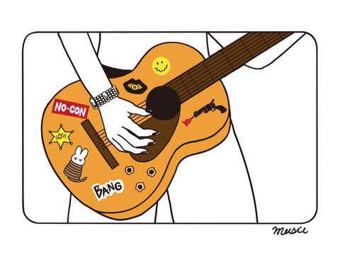 ステッカーで飾ったアコースティックギターを弾く手元の線画イラスト - Powered by Adobe