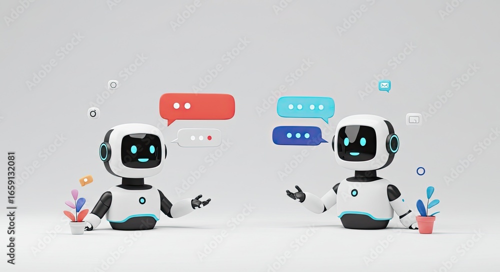 Poster cute friendly robots communicating via colorful chat bubbles and social media icons, symbolizing ai 