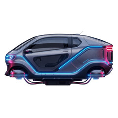 Cool 3d illustration of a futuristic capsule car floating in cyber neon light theme, isolated on white-33