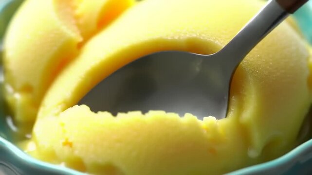 Close-up of a spoon scooping yellow sorbet from a bowl