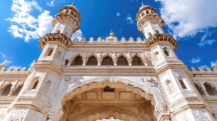 Obraz premium Exquisite Architectural Detail of Historic Monument with Ornate Carvings and Majestic Towers Against a Bright Blue Sky