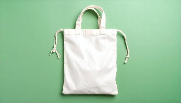 Empty white cotton produce bag with drawstring, partially open, on a muted sage green background. A reusable solution for eco-friendly grocery shopping