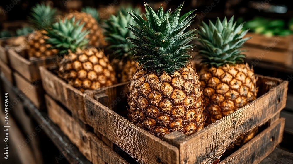 Poster ripe pineapples in rustic wooden crates close up view of fruit texture