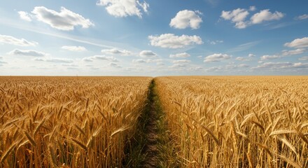 A vast golden field of ripened grain stretches to the horizon beneath a blue sky dotted with fluffy white clouds. A narrow path divides it