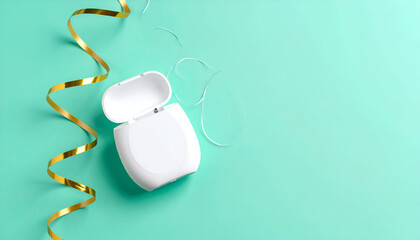 Open dental floss container on a soft mint background, adorned with a golden ribbon, offering ample clean copy space for health and hygiene messages