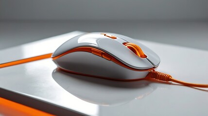 Close up of a white and gray computer mouse with orange accents on a white reflective surface
