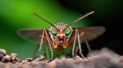 Fototapeta premium Detailed Close-up of an Insect with Green Eyes Captured in Nature Outdoors with Blurred Background