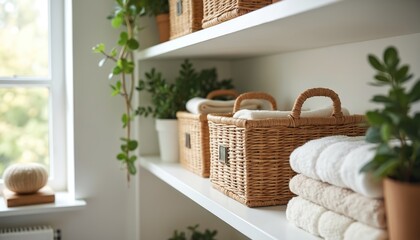 Organize home interiors with stylish woven baskets storing folded towels, plants. Natural material storage containers on white shelves offer chic, functional decor for tidy, minimalist living spaces.